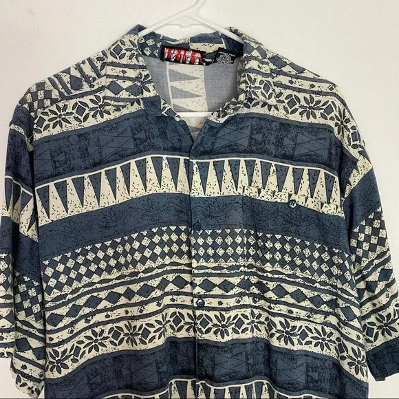 Vintage 90s Tribes Printed Rayon Button Down Shirt Womens Unisex Medium Blue - Picture 3 of 11